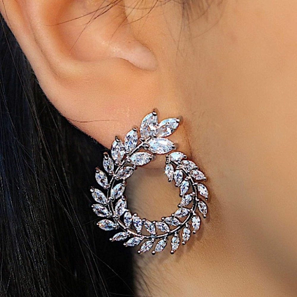 Silver Cubic Zircon Leaf CZ Wreath Rhinestone Diamond Earrings